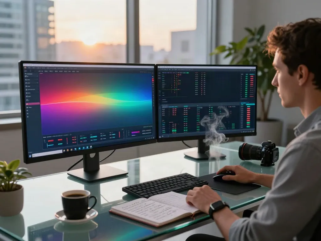 Trader analyzing TradingView charts in a modern workspace at sunrise.