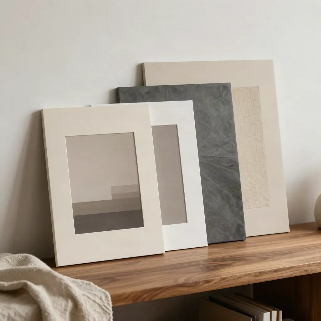 Three matte case-study mounts with a slate tile and linen swatch on walnut.