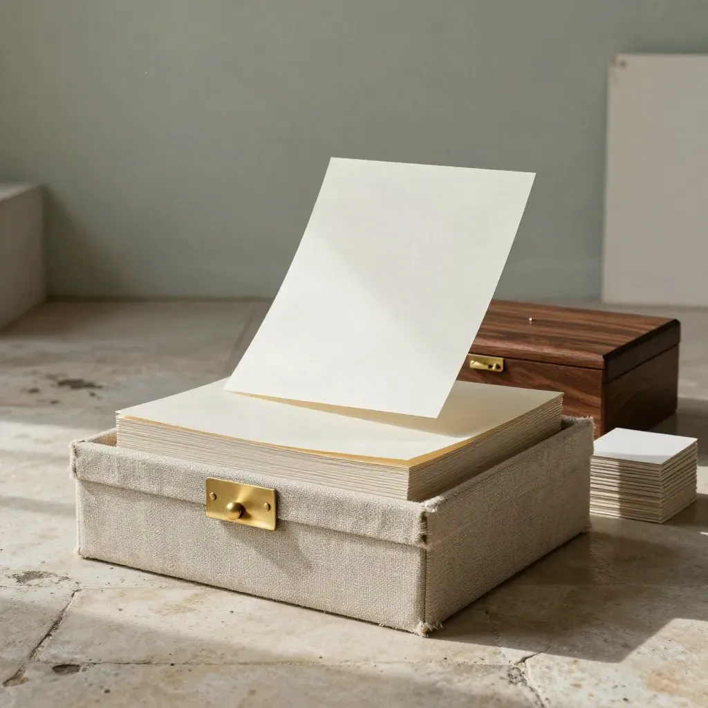 Linen portfolio box, cream folios, walnut case and brass clip in a moody plaster studio.