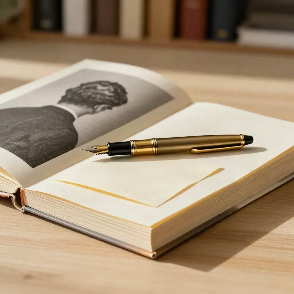 Cream bio folio, face-turned portrait print, fountain pen and folded note card on pale oak in warm light.