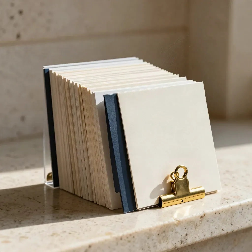 Tabbed services cards, proposal sleeve, and brass clip on pale travertine in hard sunlight.