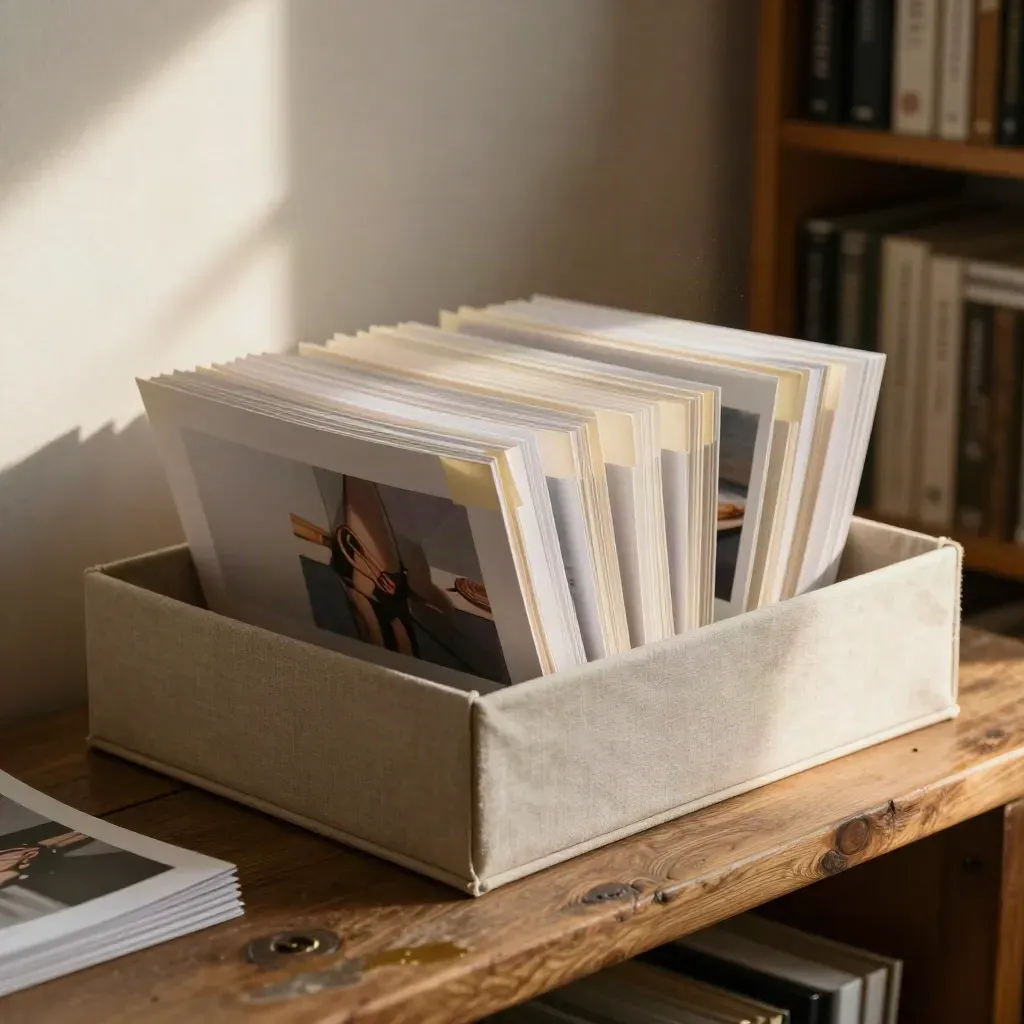 Open portfolio box with fanned sleeves and turned project prints on a warm studio bench.