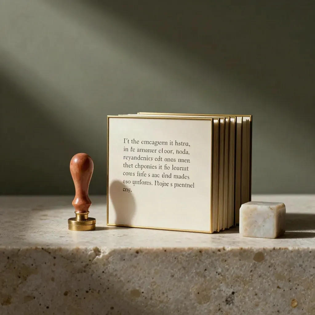 Framed testimonial cards, wax seal, and stone paperweight on travertine in dramatic light