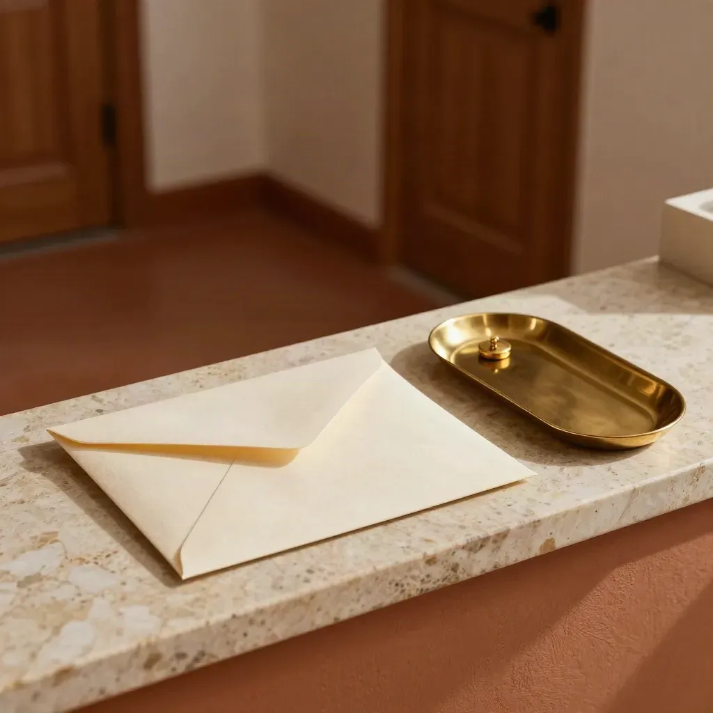 Sunlit contact packet with envelope, resume sleeve, brass tray, and gold token on travertine.