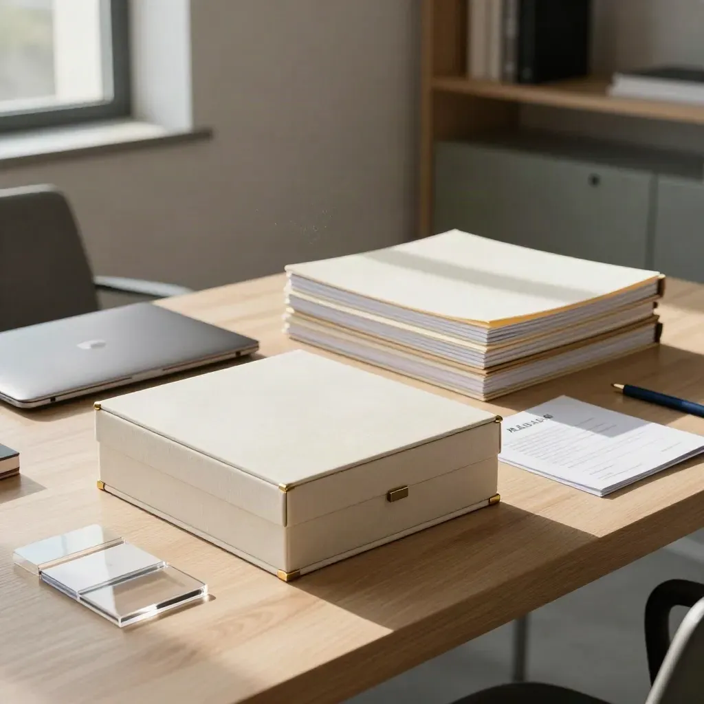 Cream folios, closed laptop, and presentation box in a sunlit modern office corner.