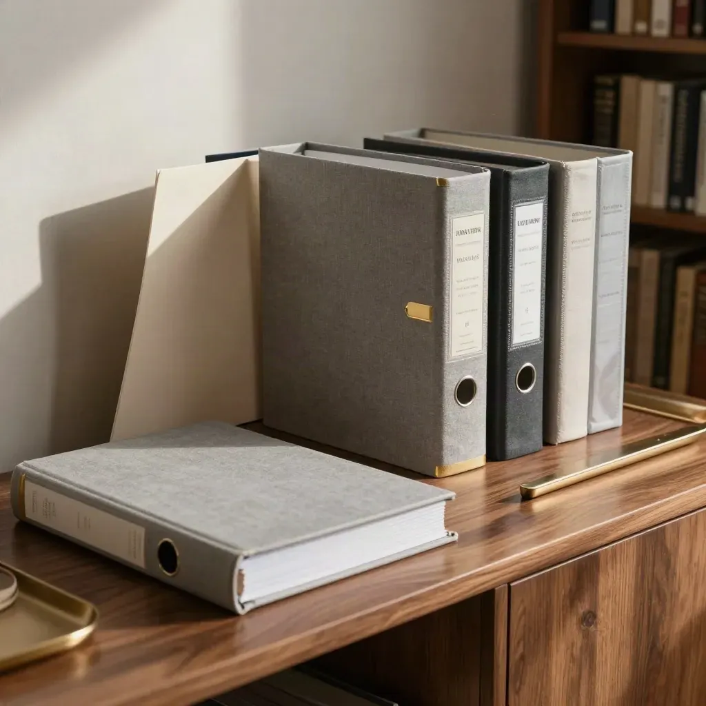 Proof binders and a resume sleeve staged on a warm walnut sideboard in soft studio light.