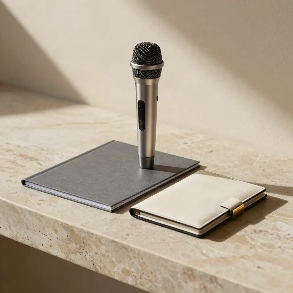 Polished speaker kit with podium mic, media folder, and card case on stone counter.