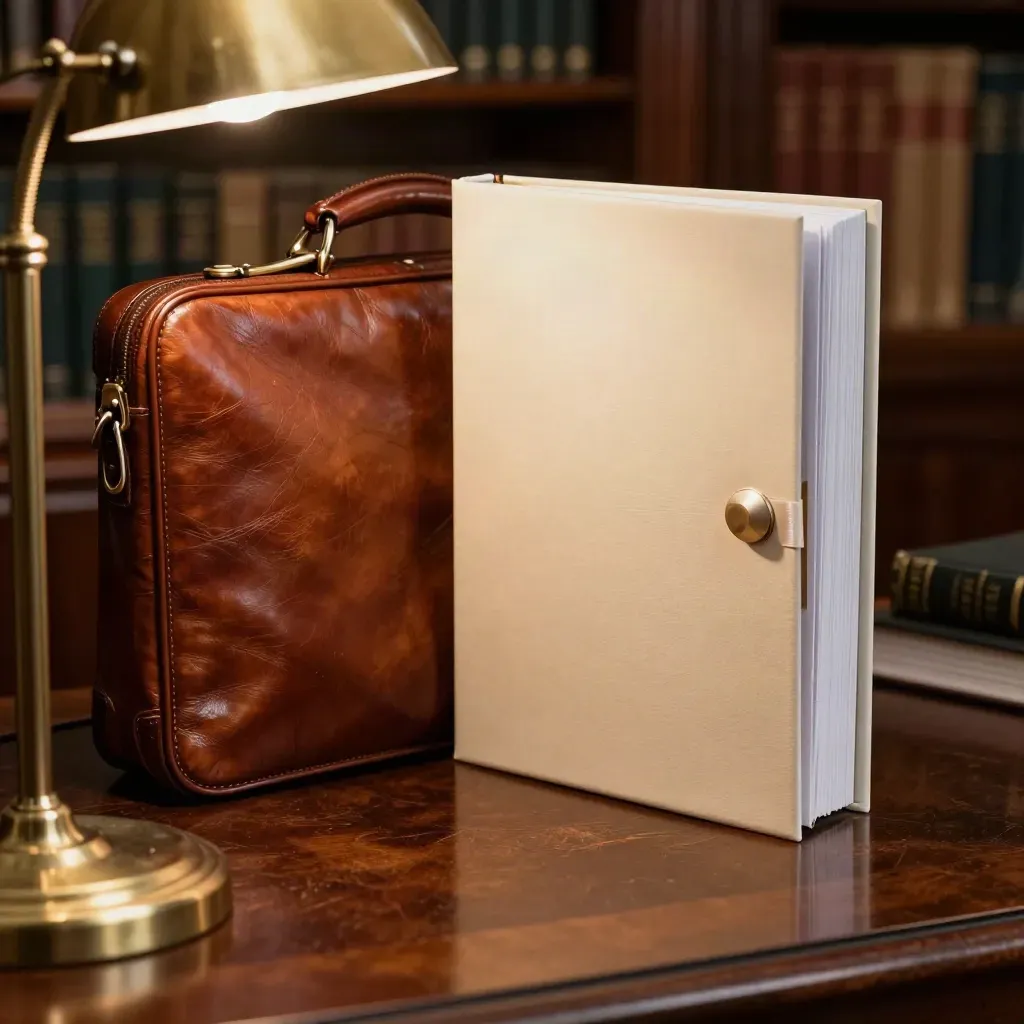 Leather briefcase, ivory binder, and brass lamp on a walnut law-library table, lit by amber daylight.