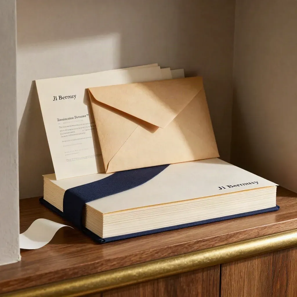 Moody studio niche with resume packet, testimonial cards, and an envelope in dramatic upper-left light.