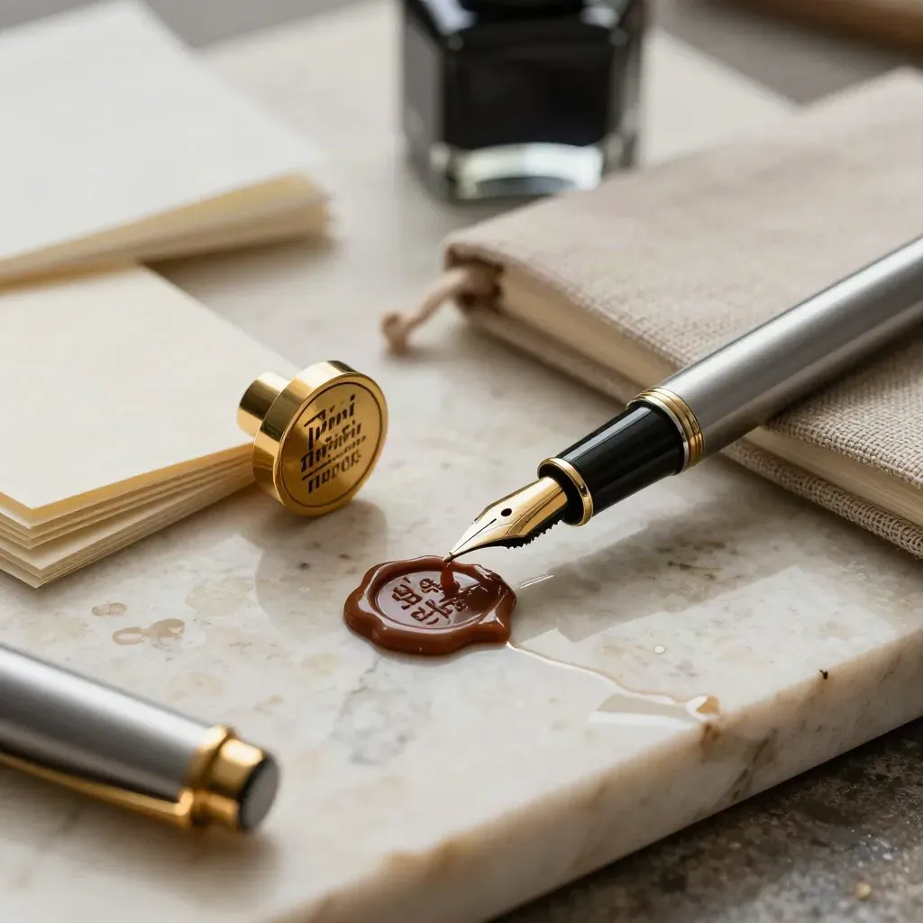 Gold-nib fountain pen beside a wax seal, ivory cards, and linen notebook on pale travertine.
