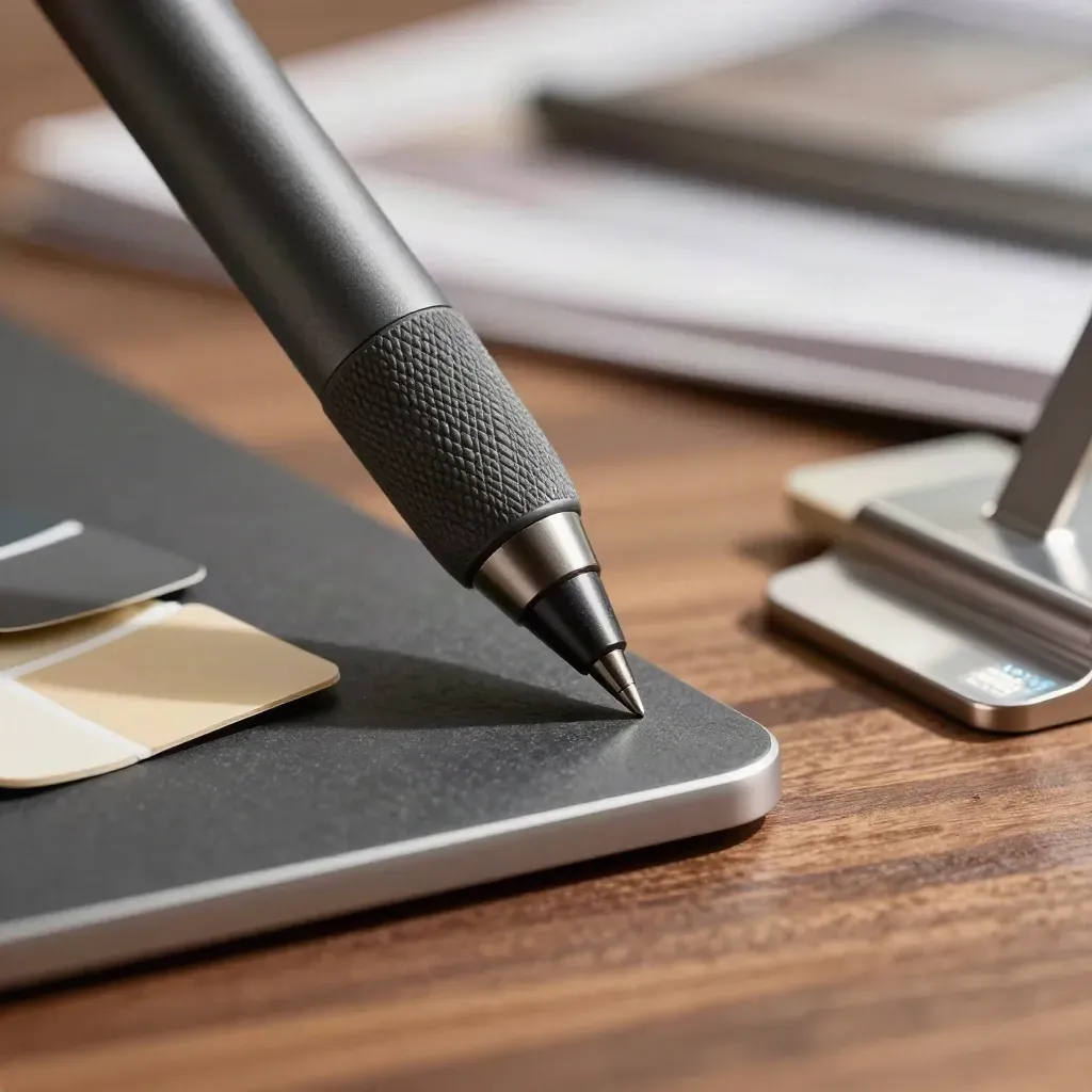 Matte stylus, tablet corner, color chips and aluminum stand on a walnut workbench
