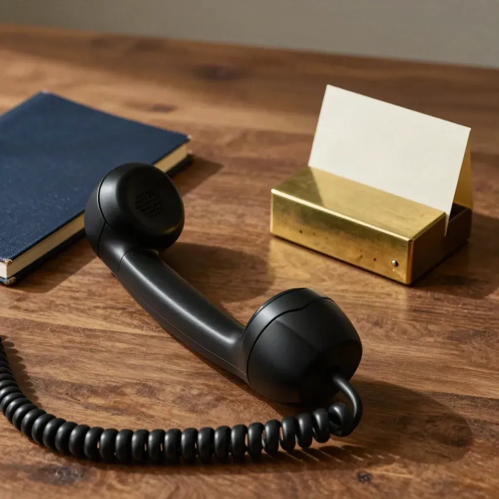 Matte handset, navy notebook and brass timer on walnut desk, lit from the side.