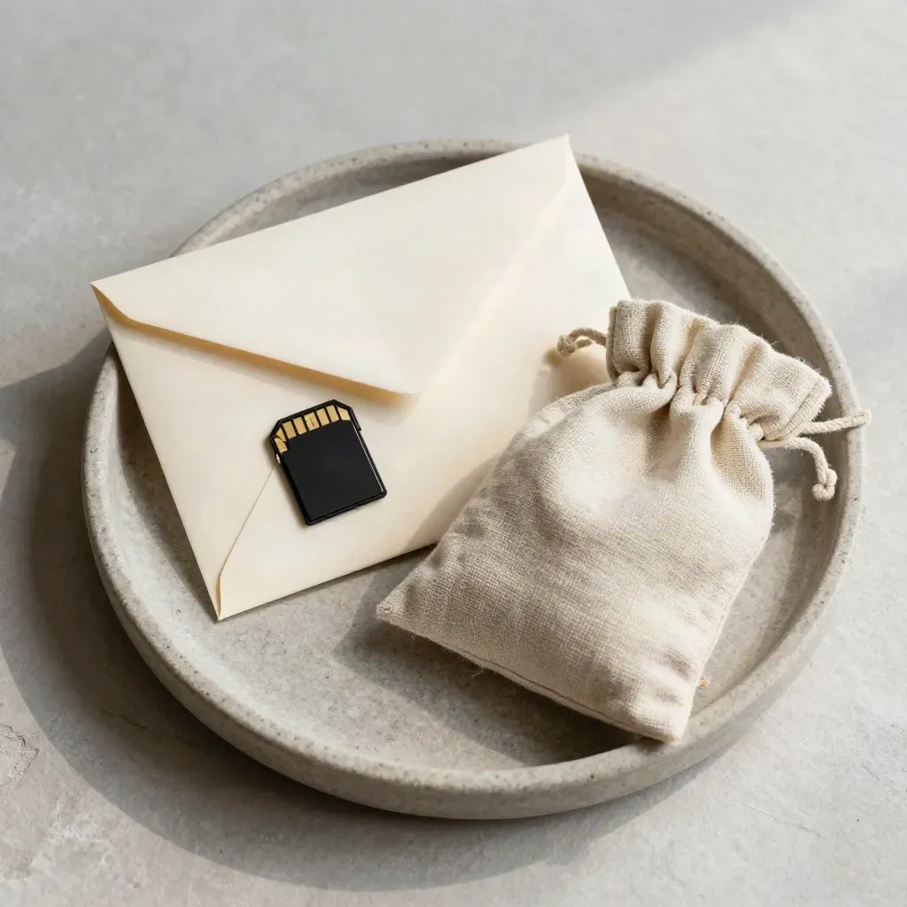 Top-down stone tray with sealed envelopes, memory card and folded linen pouch