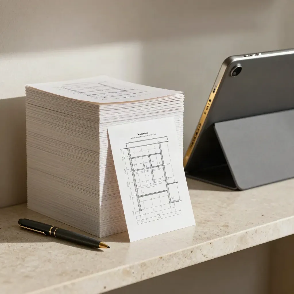 Stacked layout cards, pen and tablet stand on pale stone, lit by soft side light