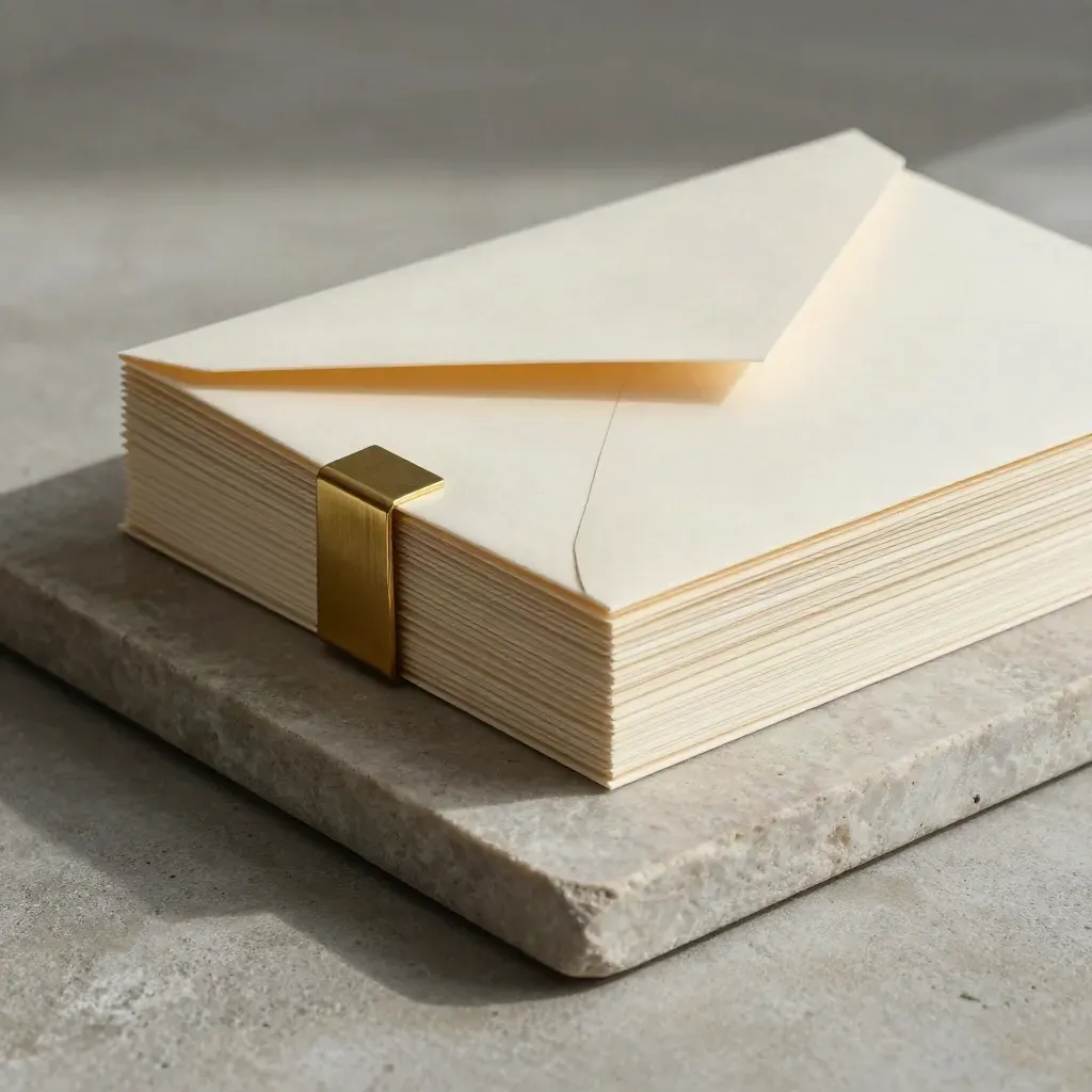 Ivory proof stack, brass clip, and sealed envelope on pale stone