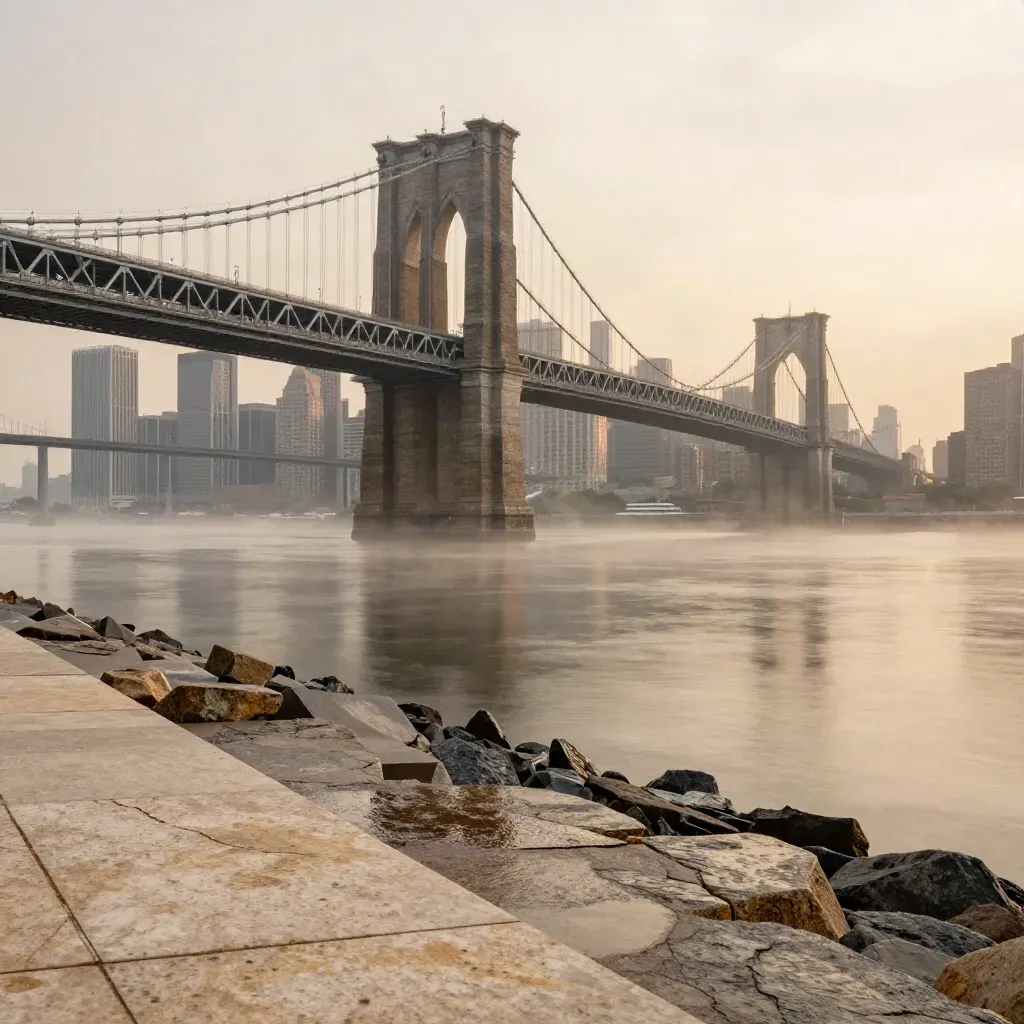 Hudson River skyline at sunrise with mist, limestone towers, and steel bridges