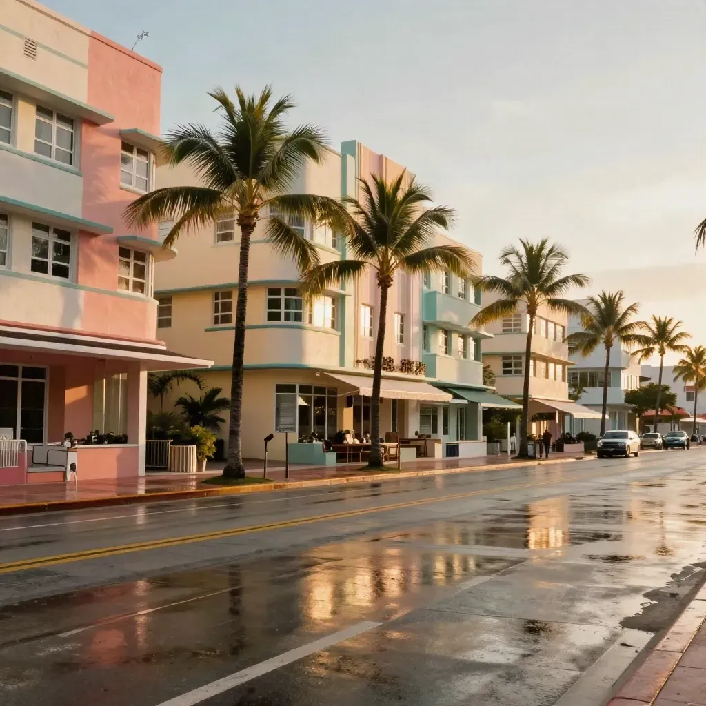 Miami art-deco street with palms, wet pavement, and glowing golden sky after rain