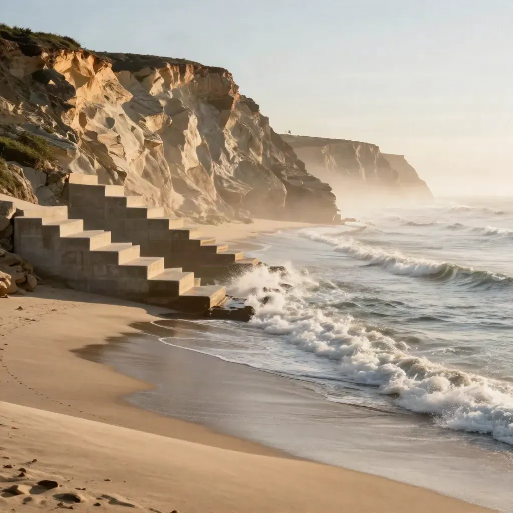 Sunset Pacific bluff with concrete terraces above a hazy copper sea