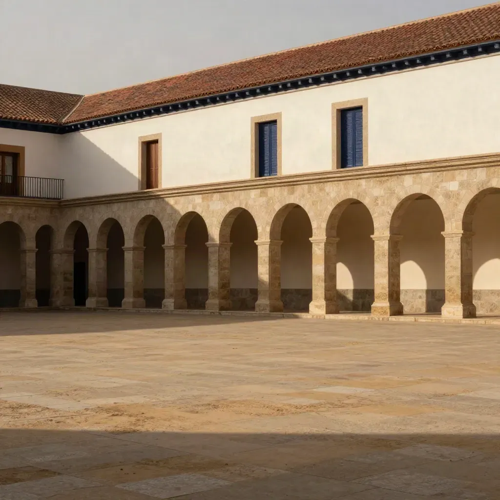 Madrid limestone façades and terracotta rooftops above a calm stone plaza under warm late light